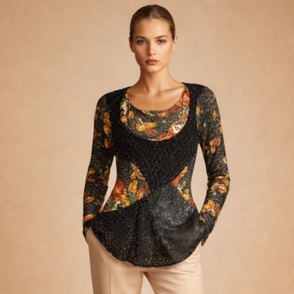 This & That Floral Lace Peplum Top Women’s Small Boho Sheer Long Sleeve Blouse